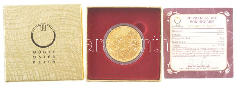 Ausztria 2010. 100E Au 'Szent István koronája' eredeti tokban, viseltes sorszámozott tanúsítvánnyal (16,25g/0.986) T:PP Austria 2010. 100 Euro Au 'The hungarian crown of St. Stephen' in original case, with somewhat worn, serial numbered - Image 3