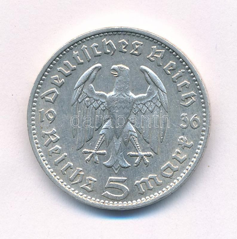 Német Harmadik Birodalom 1936J 5M Ag 'Paul von Hindenburg' T:2 German Third Reich 1936J 5 Reichsmark Ag 'Paul von Hindenburg' C:VF Krause KM#86 - Image 2