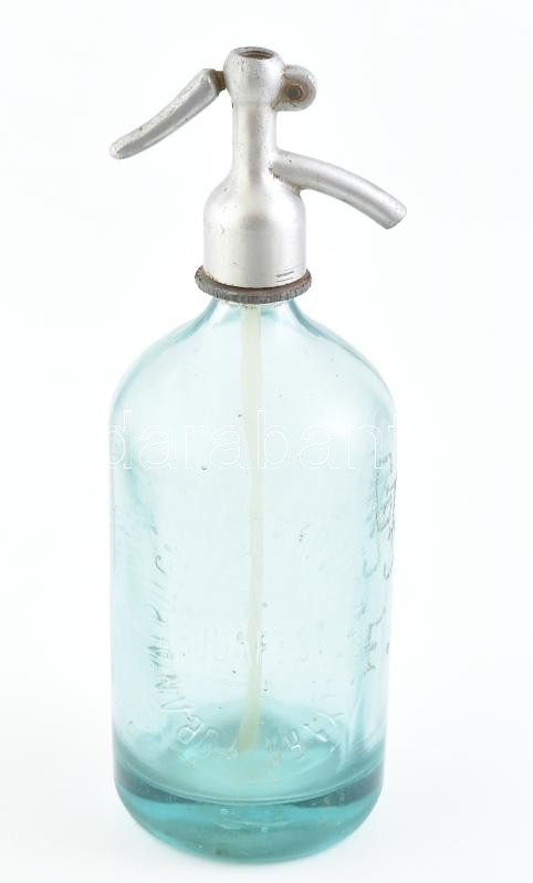 Kőbányai Polgári Serfőzde zöld szikvizes üveg, karcolt monogrammal, kopásnyomokkal, m: 31 cm