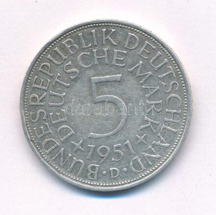 Német Szövetségi Köztársaság 1951D 5M Ag T:2 German Federal Republic 1951D 5 Mark Ag C:XF Krause KM# 112.1