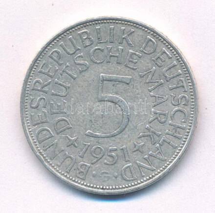 Német Szövetségi Köztársaság 1951G 5M Ag T:2 German Federal Republic 1951G 5 Mark Ag C:XF Krause KM# 112.1