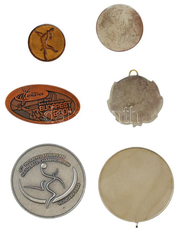 6db-os vegyes sport díj-, és emlékérem tétel, közte 1929. 'Pénzintézeti Sportegyletek Ligája 1912' egyoldalas ezüstözött bronz díjérem, hátoldalán '1929. V.29. - I. díj - 3x50m vegyes' bekarcolással (37mm) T:2 patina - Image 2