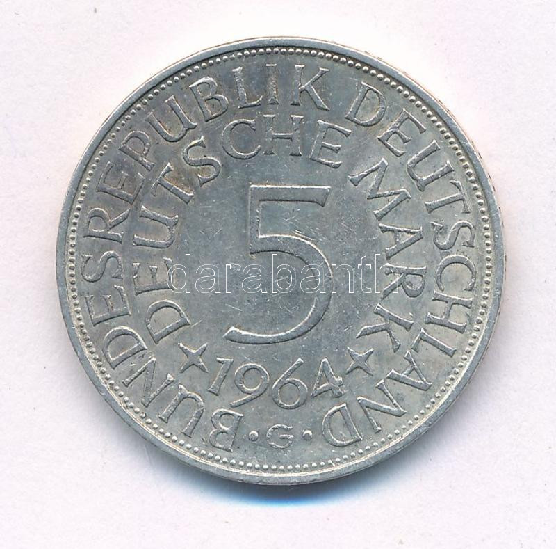 Német Szövetségi Köztársaság 1964G 5M Ag T:2 patina Federal Republic Germany 1964G 5 Mark Ag C:XF patina Krause KM# 112.1