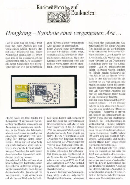 Hong Kong 1961-1971. 1c Szign:J.J. Cowperthwaite, hátoldali 1997-es felülbélyegzéssel és bélyeggel, német nyelvű leírással T:1 Hong Kong 1961-1971. 1 Cent Sign.::J.J. Cowperthwaite, 1997 overstamped and stamp on reverse, with german