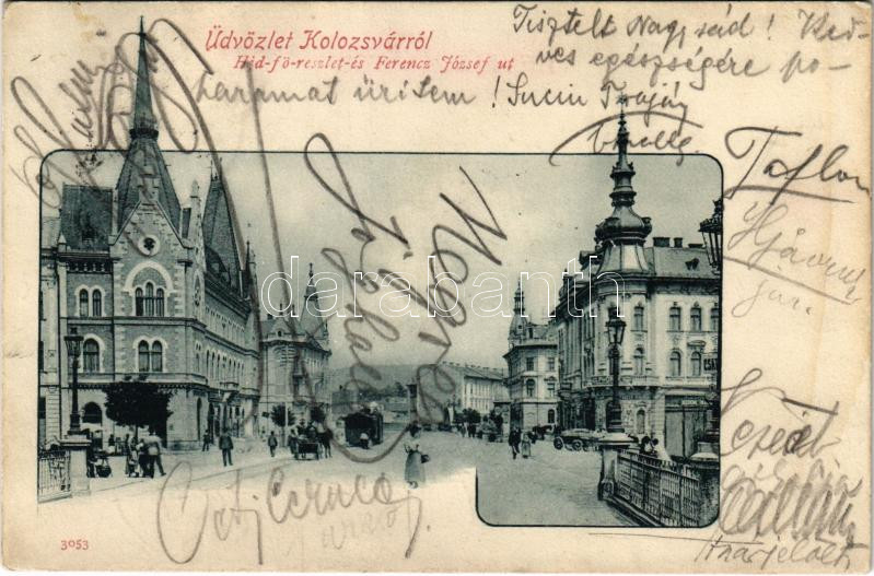 1902 Kolozsvár, Cluj; Hídfő részlet és Ferenc József út, Phönix biztosító, városi vasút, vonat, üzletek / bridge, street view, insurance company, urban railway, train, shops (fl)