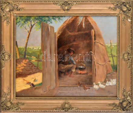 Pálfy József (1864 - 1934) : Hortobágyon - Ebédidő. Olaj, vászon, Jelzett, keretben 40x50 cm