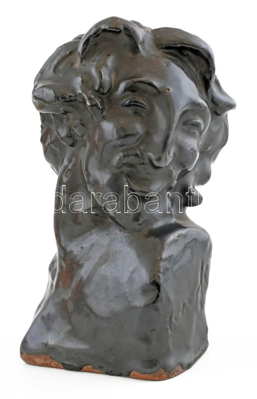 Csenk jelzéssel: Nevető faun. Mázas kerámia, jelzett. 13 cm
