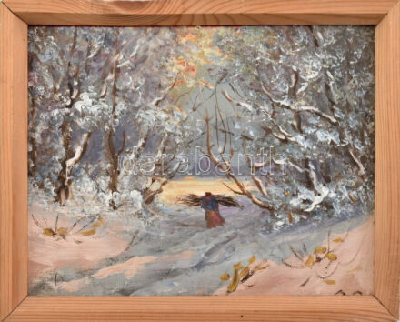 Deési Daday Gerő (1890-1979): Téli rőzsehordás. Olaj, vászon kartonra kasírozva, jelzett 24x19 cm Keretben