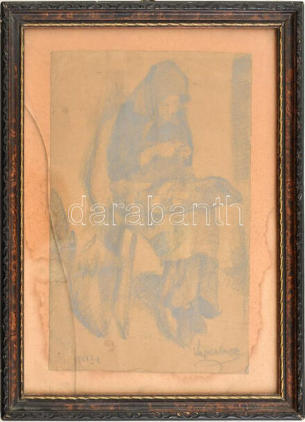Vajda Lajos jelzéssel: Krumplihámozó 1927. Szén papír. 25x17 cm Üvegezett sérült keretben. Foltos.