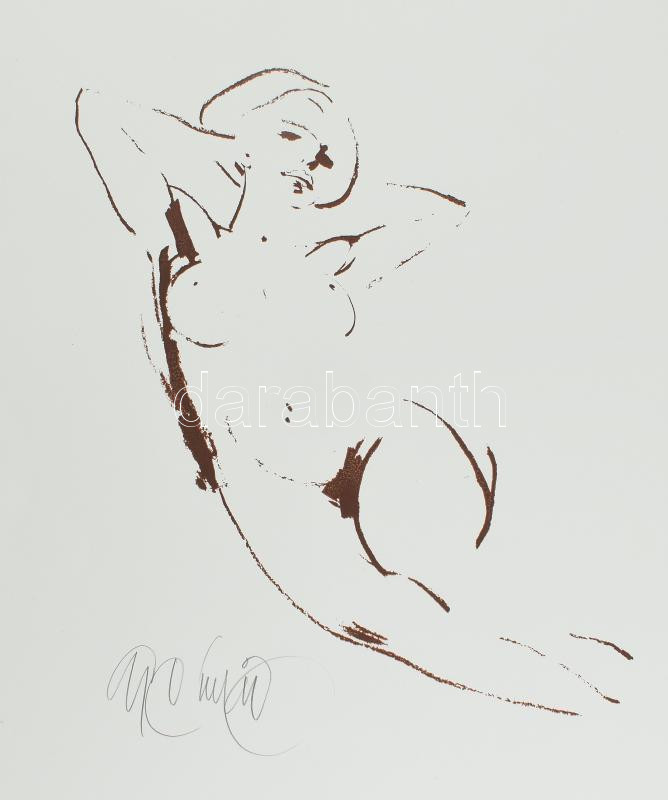 Gyémánt László (1935-): Akt. Szitanyomat, papír, jelzett, művészpéldány E.A./Ex. jelzéssel, lapméret: 65x49 cm / László Gyémánt (1935-): Lying nude. Screenprint on paper, signed, artist's proof, 65x49 cm