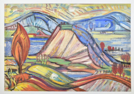 Hetényi Tibor (1891-1977): Vízparti táj. Olaj, papír, jelzés nélkül, paszpartuban, hátoldalán névvel feliratozott, 57,5x83,5 cm