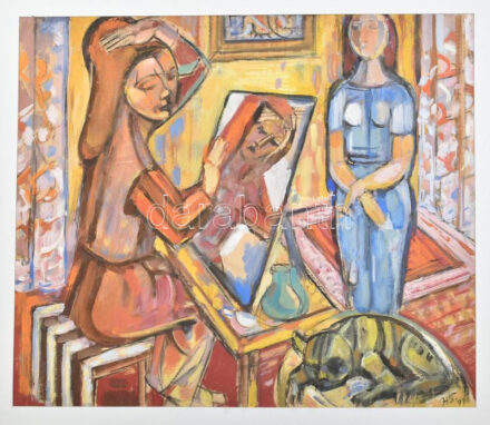 Hetényi Tibor (1891-1977): Életkép, 1972. Olaj, papír, jelezve jobbra lent, paszpartuban, 57,5x71 cm