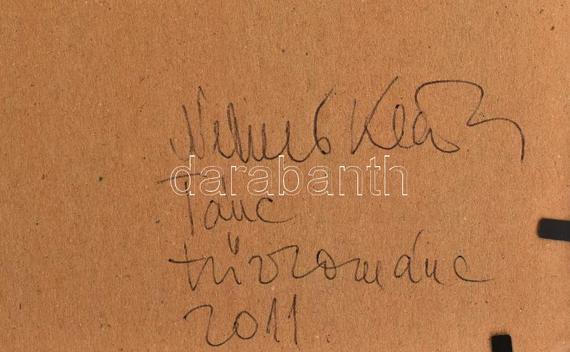 Németh Klára (1956-): Ölelkezők. Tűzzománc, fém lap, jelzés hátul, fa keretben, 30×13 cm - Image 2