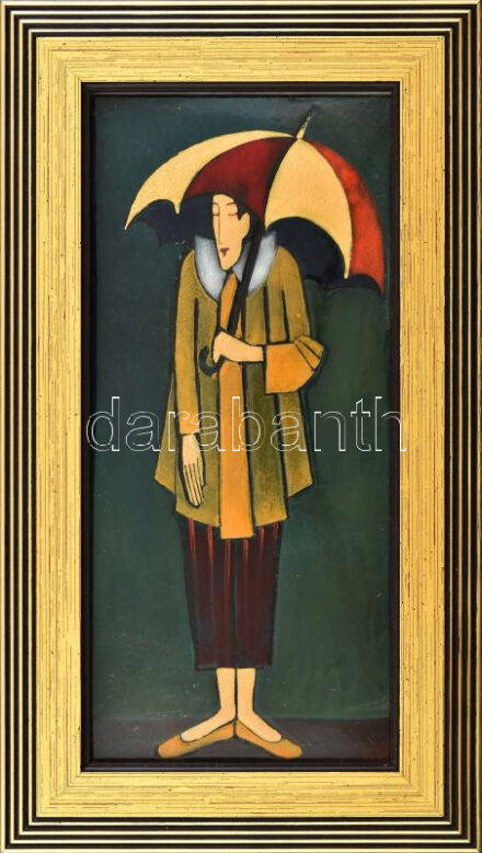 Németh Klára (1956-): Esőben. Tűzzománc, fém lap, jelzés hátul, fa keretben, 30×13 cm