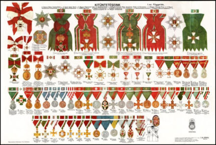 'Kitüntetéseink, I. sz. függelék', magyar katonai kitüntetések felsorolása a Horthy-korszakból, képábrázolással, keménypapírra ragasztva, 1944-ig. Kiadta a Magyar Királyi Térképészeti Intézet. Modern másolat (!), kartonon, 28x42