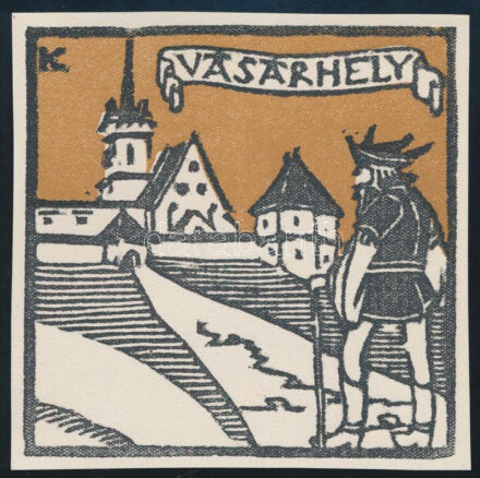 Kós Károly (1883-1977): Vásárhely, színes linómetszet, papír, jelzett a dúcon, 9x9 cm