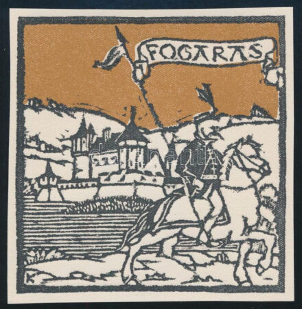 Kós Károly (1883-1977): Fogaras, színes linómetszet, papír, jelzett a dúcon, körbevágott, 9x9 cm