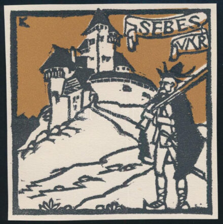 Kós Károly (1883-1977): Sebesvár, színes linómetszet, papír, jelzett a dúcon, körbevágott, 9x9 cm