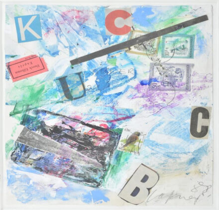 Lakner László (1936-): Hommage á Kassák Lajos, 1988. Vegyes technika, kollázs, papír. Jelezve jobbra lent: Lakner 88. Hátoldalán autográf felirattal. Üvegezett fakeretben. 32,5x22,5 cm / László Lakner (1936-): Hommage á Lajos Kassák,