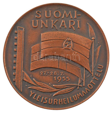 Finnország 1955. 'Finnország-Magyarország - 1955. 07. 27-28. atlétikai mérkőzés' bronz atlétikai díjérem 'IV. P. 400m aitaj' gravírozással a hátoldalán (58mm) T:1- patina Finland 1955. 'Finland-Hungary - 27-28. 7. 1955 track and
