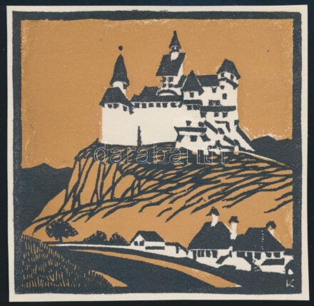 Kós Károly (1883-1977): Törcsvár, színes linómetszet, papír, jelzett a dúcon, körbevágott, 12x12 cm