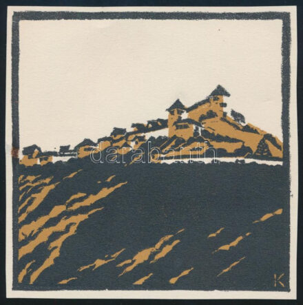 Kós Károly (1883-1977): Vár. Linómetszet, papír, jelzett a dúcon, körbevágott, 11x11 cm