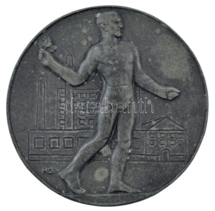 Hajós Géza 1943. 'Gyári Szabadidő Szervezetek Központja - GYOSZ /' kétoldalas Zn emlékérem (50mm) T:1-,2 patina