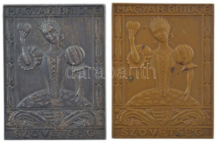 Berán Nándor (1889-1965) 1938. 'Magyar Bridge Szövetség' bronz és ezüstözött bronz plakett (2xklf), egyik hátoldalán gravírozással (46x61mm) T:1-