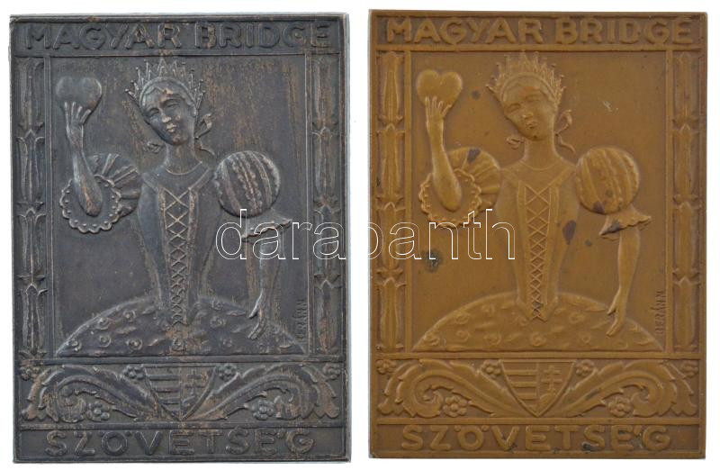 Berán Nándor (1889-1965) 1938. 'Magyar Bridge Szövetség' bronz és ezüstözött bronz plakett (2xklf), egyik hátoldalán gravírozással (46x61mm) T:1-