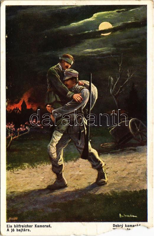 A jó bajtárs. Első világháborús osztrák-magyar katonai művészlap / Ein hilfreicher Kamerad / WWI K.u.k. military art. Emge Nr. 132. (b)