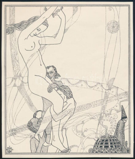 Kozma Lajos (1884-1948): Örvényben. Cinkográfia, papír, jelzett a cinkográfián, körbevágott, 19,5×16,5 cm