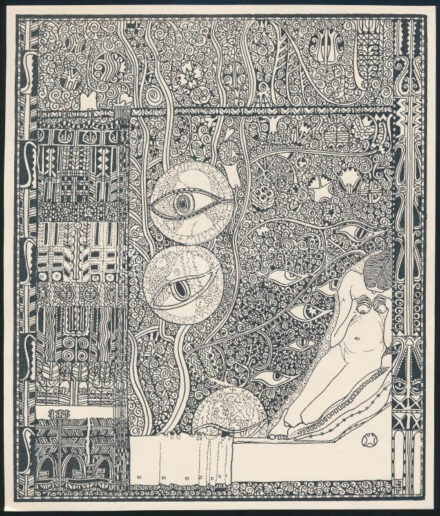 Kozma Lajos (1884-1948): Figyelő szemek. Cinkográfia, papír, jelzett a cinkográfián, körbevágott, 19,5×16,5 cm