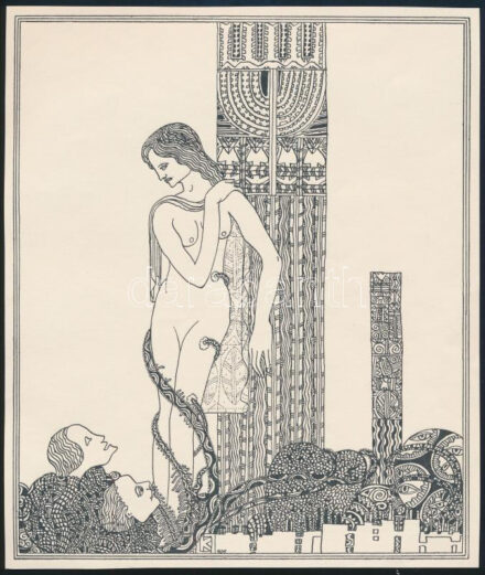 Kozma Lajos (1884-1948): Éva a paradicsomban. Cinkográfia, papír, jelzett a cinkográfián, körbevágott, 19,5×16,5 cm