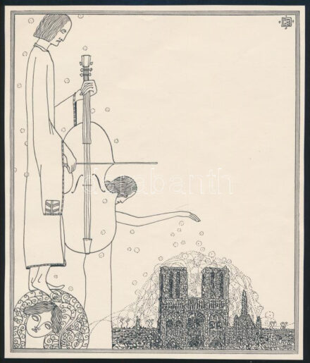 Kozma Lajos (1884-1948): Cselló. Cinkográfia, papír, jelzett a cinkográfián, körbevágott, 19,5×16,5 cm