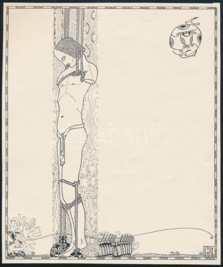 Kozma Lajos (1884-1948): Megkötözve. Cinkográfia, papír, jelzett a cinkográfián, körbevágott, 19,5×16,5 cm