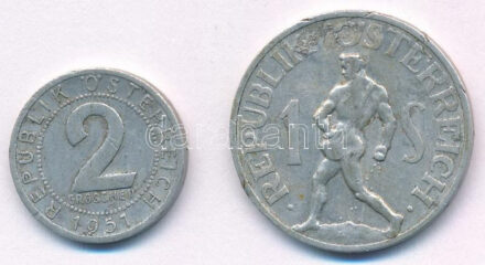Ausztria 1946. 1Sch Al + 1951. 2gr Al T:2,2- patina, ph, Austria 1946. 1 Schilling Al + 1951. 2 Groschen Al C:XF,VF patina, edge error Krause KM#2871, #2876
