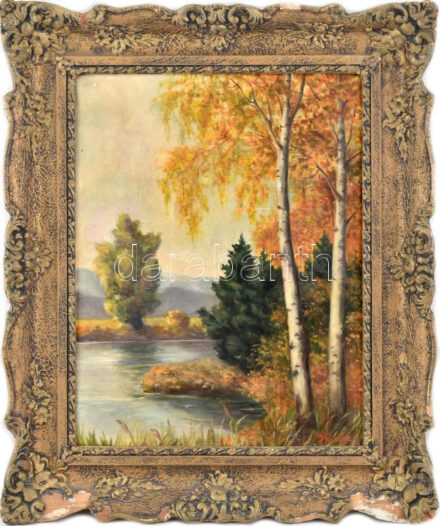 Olvashatatlan (Skultéty?) jelzéssel: Őszi vízpart. Olaj, vászon. Dekoratív, sérült keretben. 45x35 cm