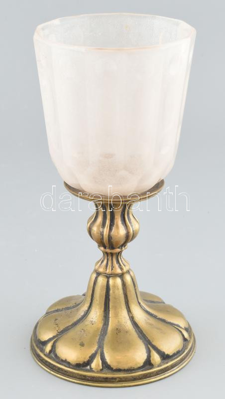 Antik kehely, alpakka talp, jegecesüveg felső rész, korának megfelelő sérülésekkel, kopásokkal!!!, m: 22 cm