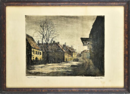 Élesdy István (1912-1987): Országház utca, Buda. Színezett rézkarc, papír, jelzett, dekoratív üvegezett fakeretben, 29×39 cm