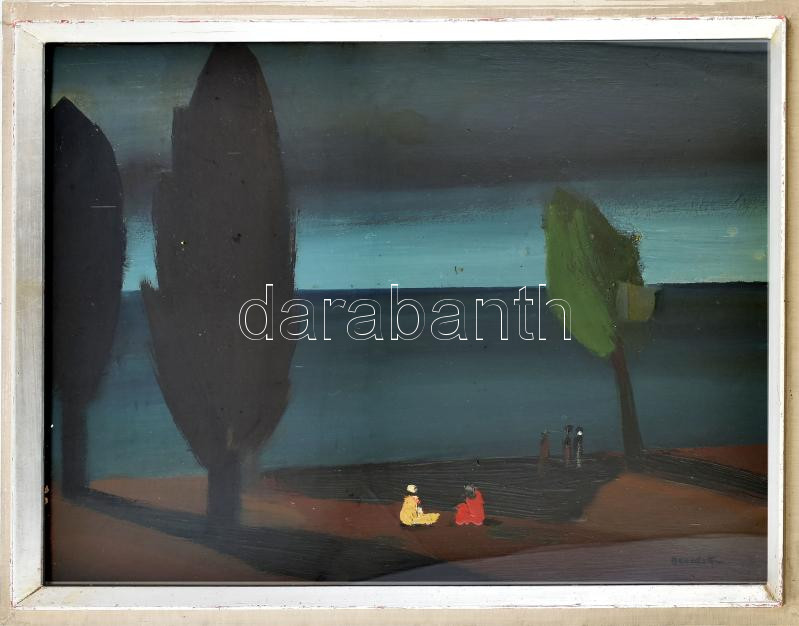 id. Benedek Jenő (1906-1987): Balatoni hangulat. Olaj, farost, jelzett. Hátoldalán Képcsarnok Vállalat címkéivel. Üvegezett, dekoratív fakeretben, 60×80 cm