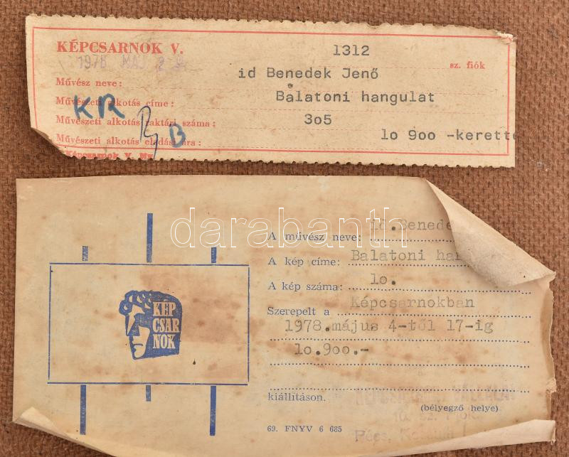 id. Benedek Jenő (1906-1987): Balatoni hangulat. Olaj, farost, jelzett. Hátoldalán Képcsarnok Vállalat címkéivel. Üvegezett, dekoratív fakeretben, 60×80 cm - Image 3