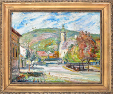 Vén Emil (1902-1984): Nagymaros. Olaj, karton, jelezve jobbra lent: Vén (halványan), hátoldalán töredékes címkével. Javított sérüléssel. Dekoratív, sérült fakeretben, 55x68 cm