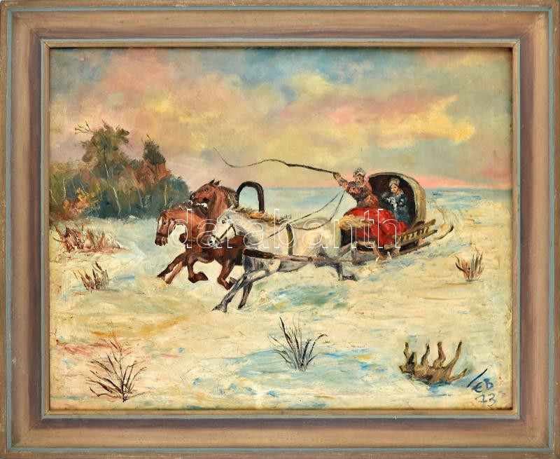 Erwin Braun (1922-2003) német festőművész: Havas táj szánnal, 1973. Olaj, vászon, jelzett. Fa keretben: 90cm x 70cm