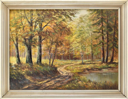 Hebestreit jelzéssel: Erdei ösvény. Olaj, farost. Fakeretben. 60x90cm