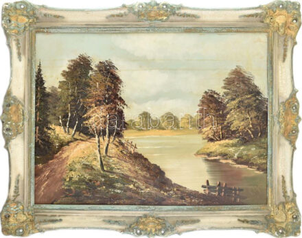 Olvashatatlan jelzéssel: Folyópart, 1960. Olaj, farost. Fakeretben. 90cm x 61cm