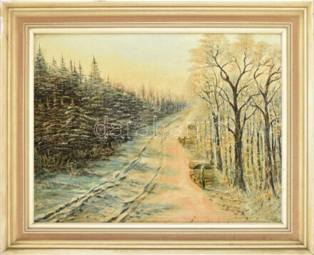 Friedrich Pech (1927-1995) német festőművész: Téli táj. Olaj, farost, jelzett. Fakeretben. 90x60 cm