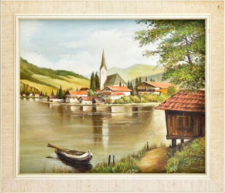 Franz Klein (1948) német festőművész: Falukép, 1973. Olaj, OSB lemez, jelzett. Fa keretben: 60cm x 50cm