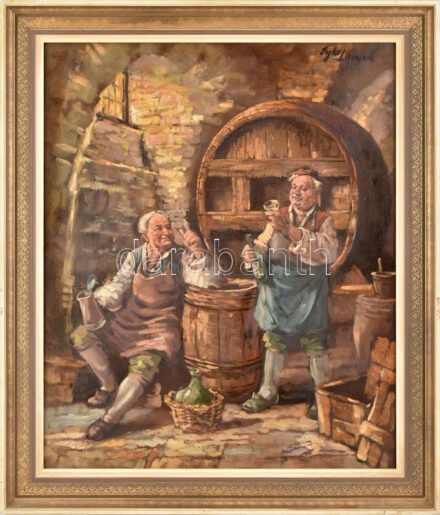 Eyke Lemm (1926) imsert német festő: Borozók. Olaj, vászon. Fa keretben: 60cm x 50cm