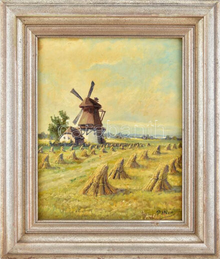 P. Stüren jelzéssel: Németalföldi táj szélmalommal. Olaj, karton. Fa keretben: 50cm x 40cm