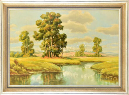 Walter Wortmann (1913-1977) német festőművész: Lápvidék, 1953. Olaj, karton, jelzett. Fa keretben: 70cm x 50cm